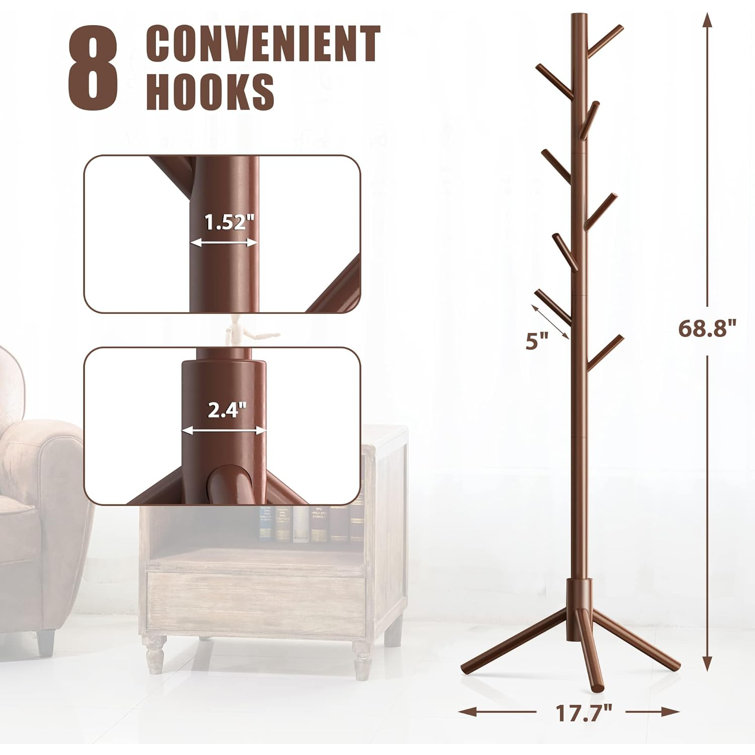 Latitude Run® Wooden Coat Rack Stand With 8 HooksPine Adjustable Coat